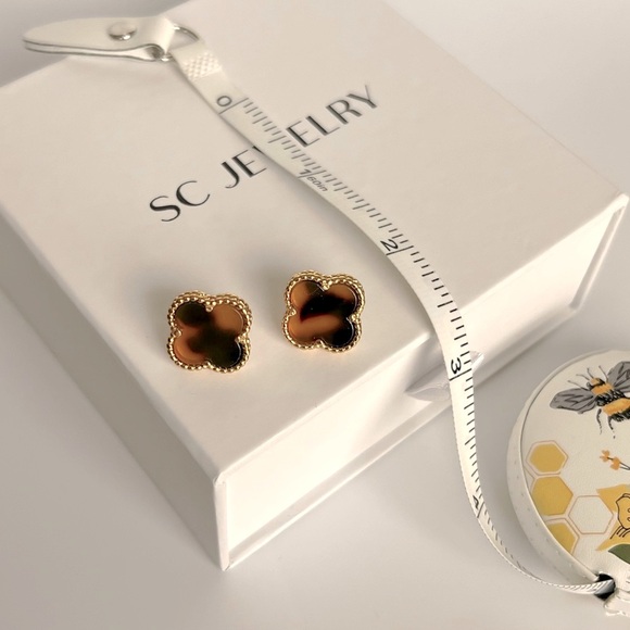 Clover Earrings Tiger Eye Onyx Stone Stud Earrings Luxury Jewelry - Picture 4 of 12